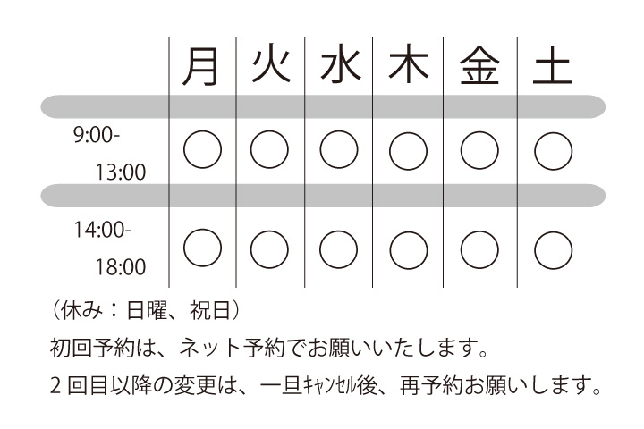診察時間：月・火・水・木・金・土　9:00-13:00、14:00-18:00　休診日：日曜、祝日
